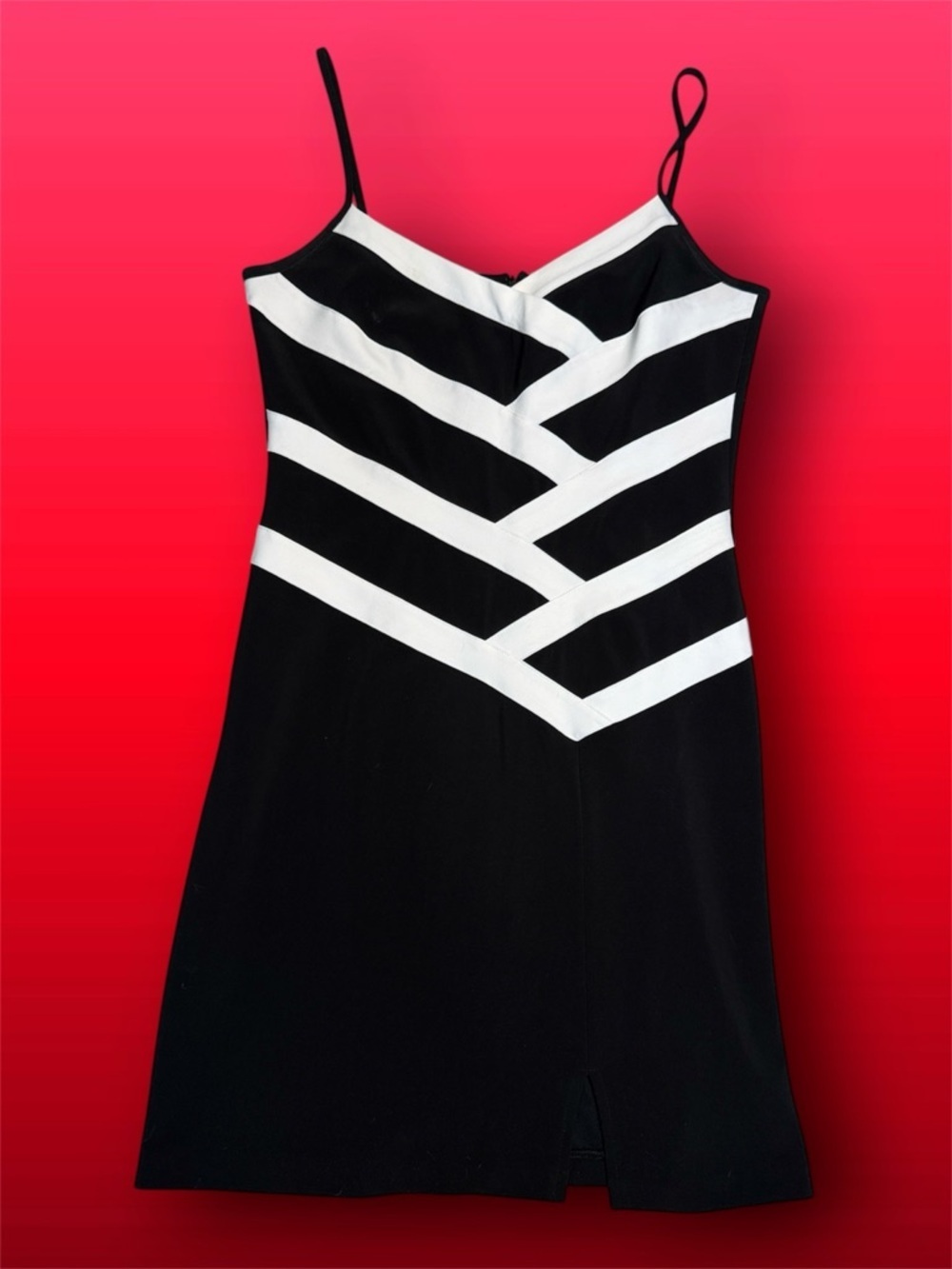 Joseph Ribkoff Black & White Striped V-Neck Spaghetti Strap Mini Dress sz est 14